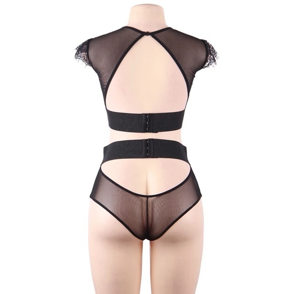 PLUS Gorgeous Black Mesh Embroidered Crop Top + Sexy Panty Lingerie Set - Picture 8 of 13